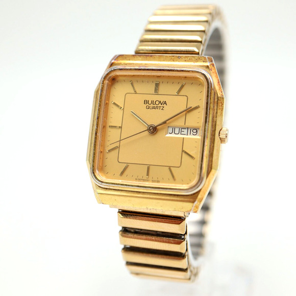Vintage Bulova Quartz Gold Tone Tank Watch 30mm Day Date W. Germany Working - Picture 1 of 14